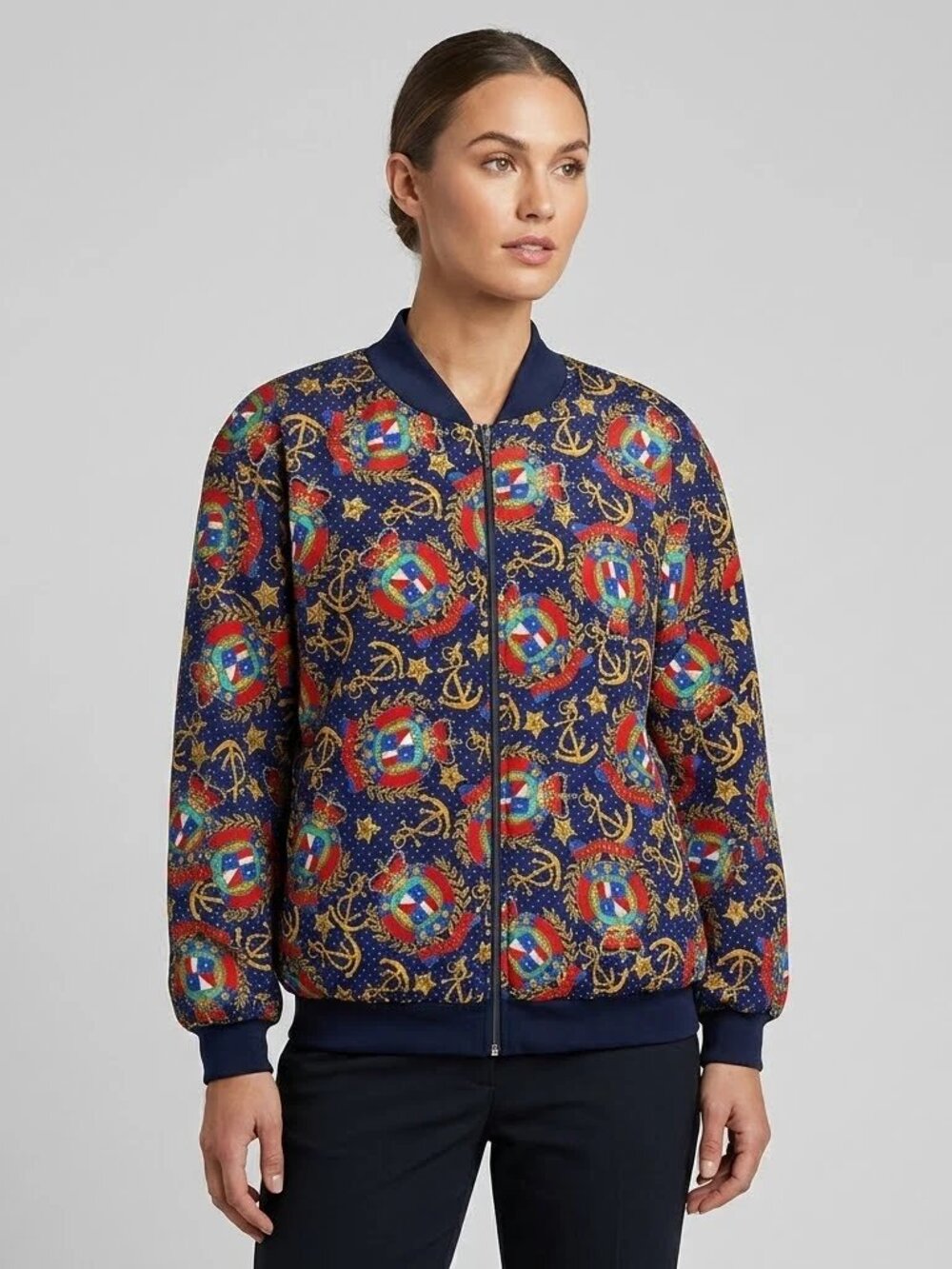 VTG Neiman Marcus Kathleen Usherwood Nautical Bomber Jacket L 80s 90s Quiet Luxe